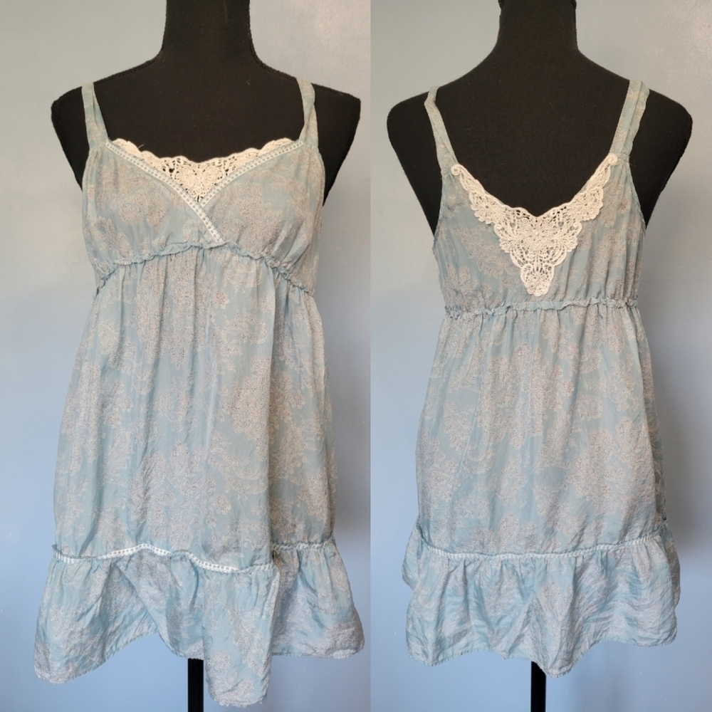 Velvet Silk Babydoll Mini Dress Top in Blue Size Small